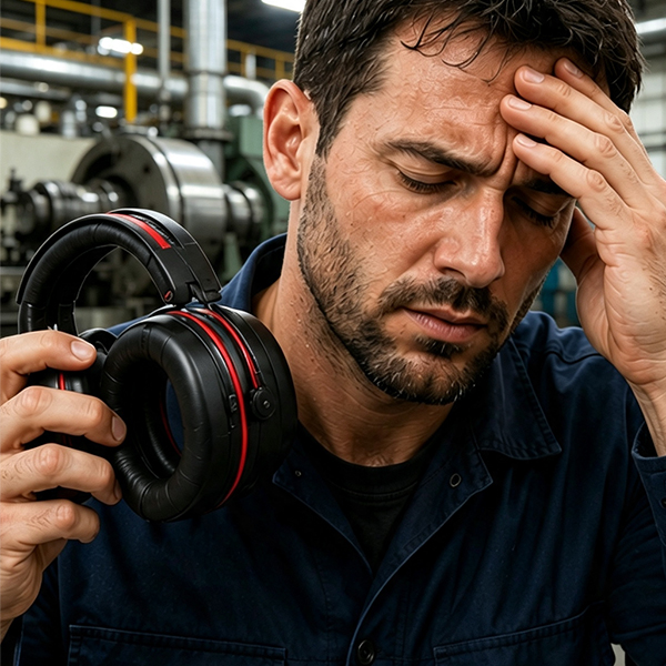 Fatigued factory worker removing hearing protection earmuffs after extended wear