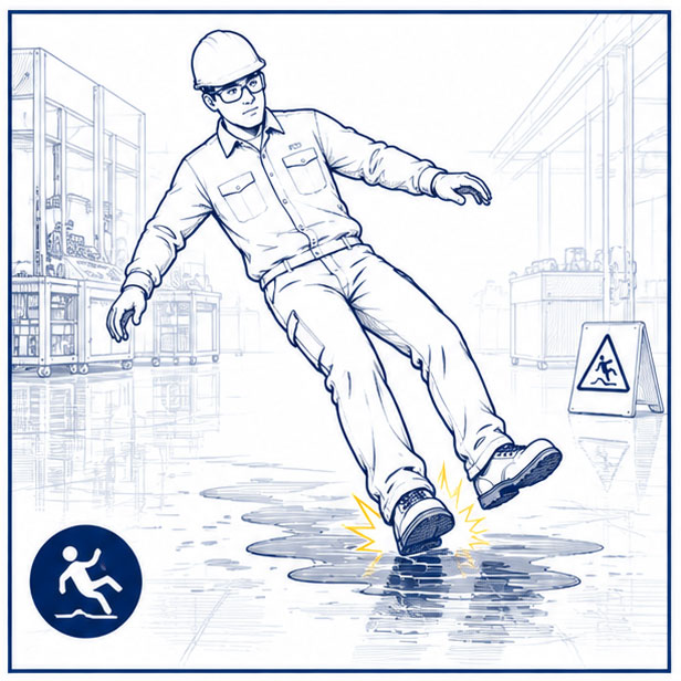 Wet and slippery factory floors requiring slip resistant safety footwear for manufacturing workers