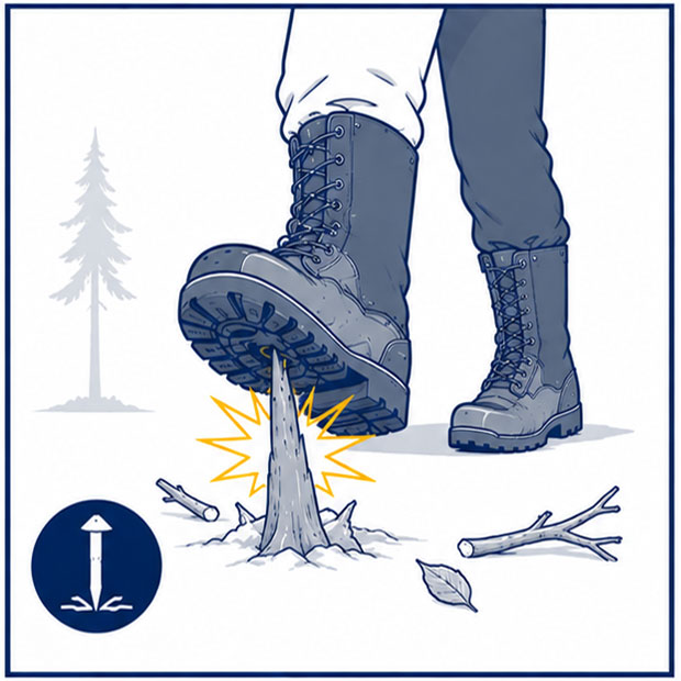 Sharp branches and forest debris creating underfoot puncture hazards in forestry work