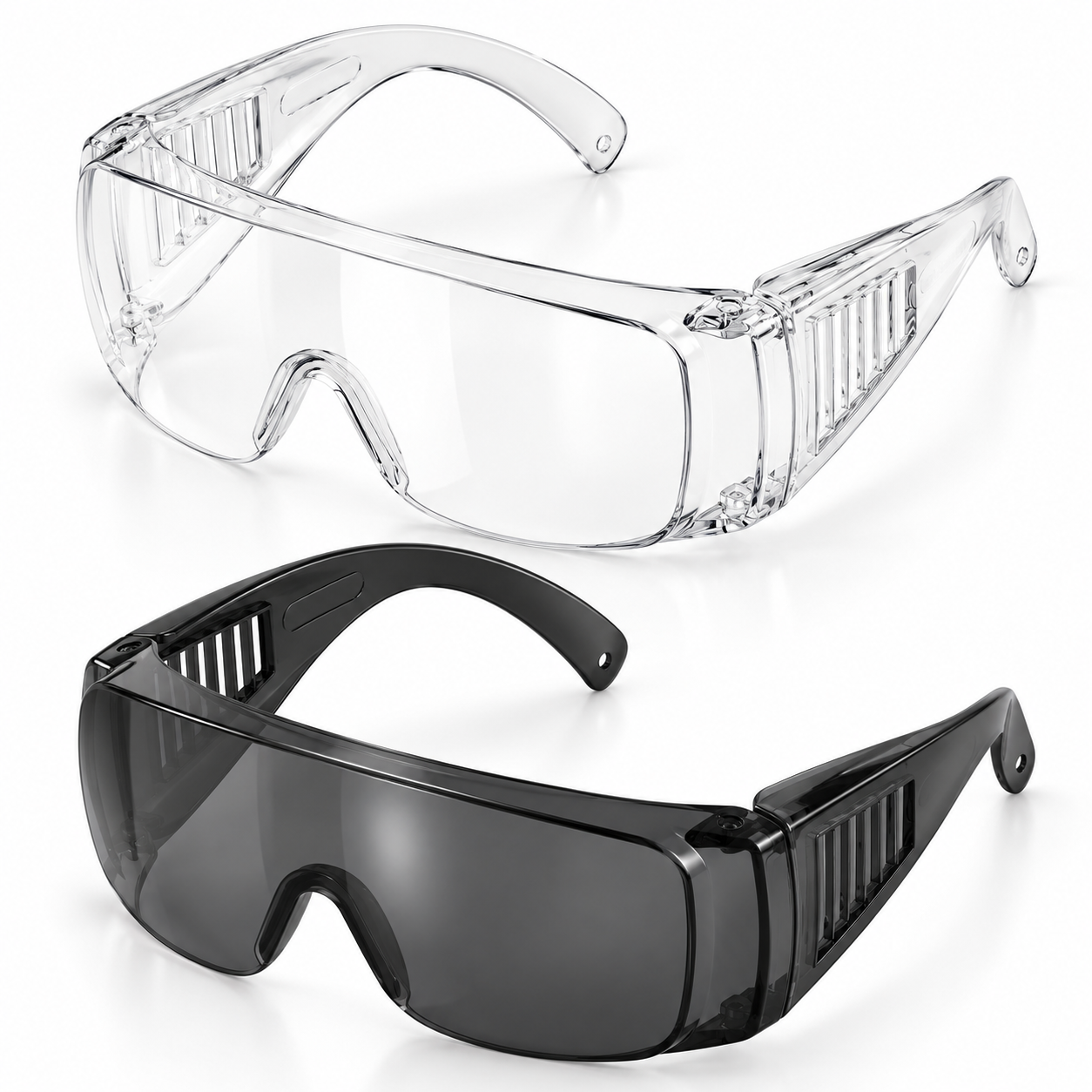 Safeyear SG035 OTG safety glasses in clear and smoke lens versions, designed to fit over prescription glasses