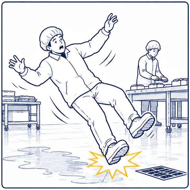 Slip hazards for workers on wet and slippery food processing floors