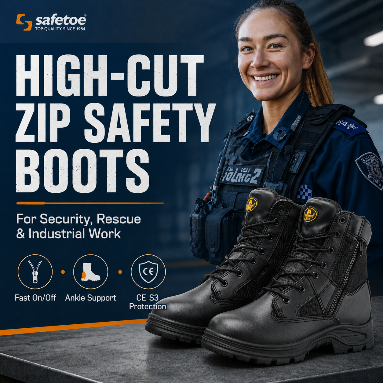 Military-Style Zip Safety Boots | CE-Certified High-Cut Safety Boots for Rescue, Security & Industrial Work