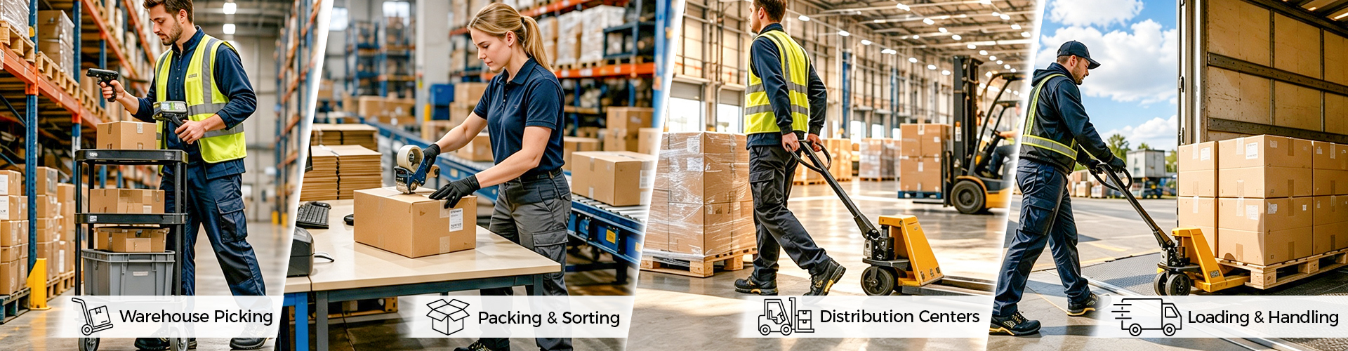 Warehouse and logistics work environments including order picking packing sorting distribution centers and material handling