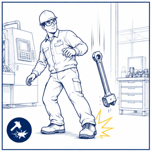Falling object and impact hazards requiring protective safety footwear in manufacturing workplaces