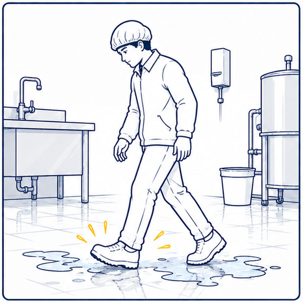 Wet floor and liquid exposure hazards in food processing work environments