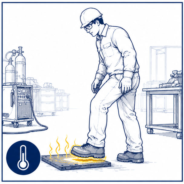 High-temperature floor and hot surface hazards in welding work environments