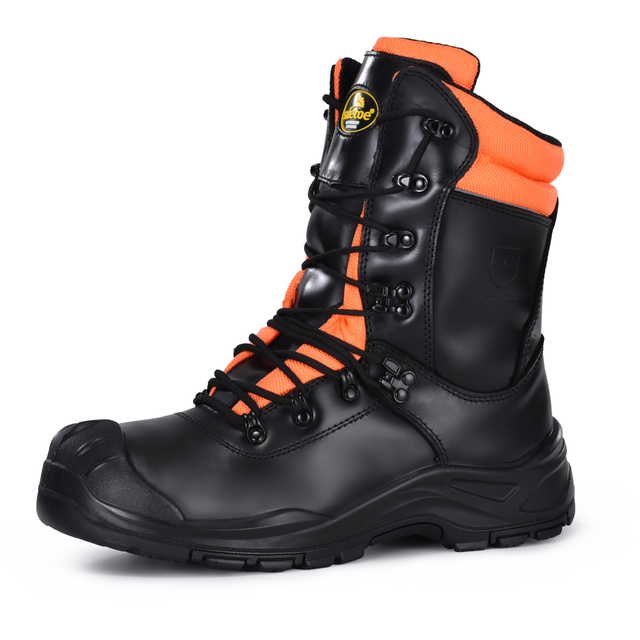 Safetoe H-9555 chainsaw safety boots for forestry and logging work, black leather high-cut design