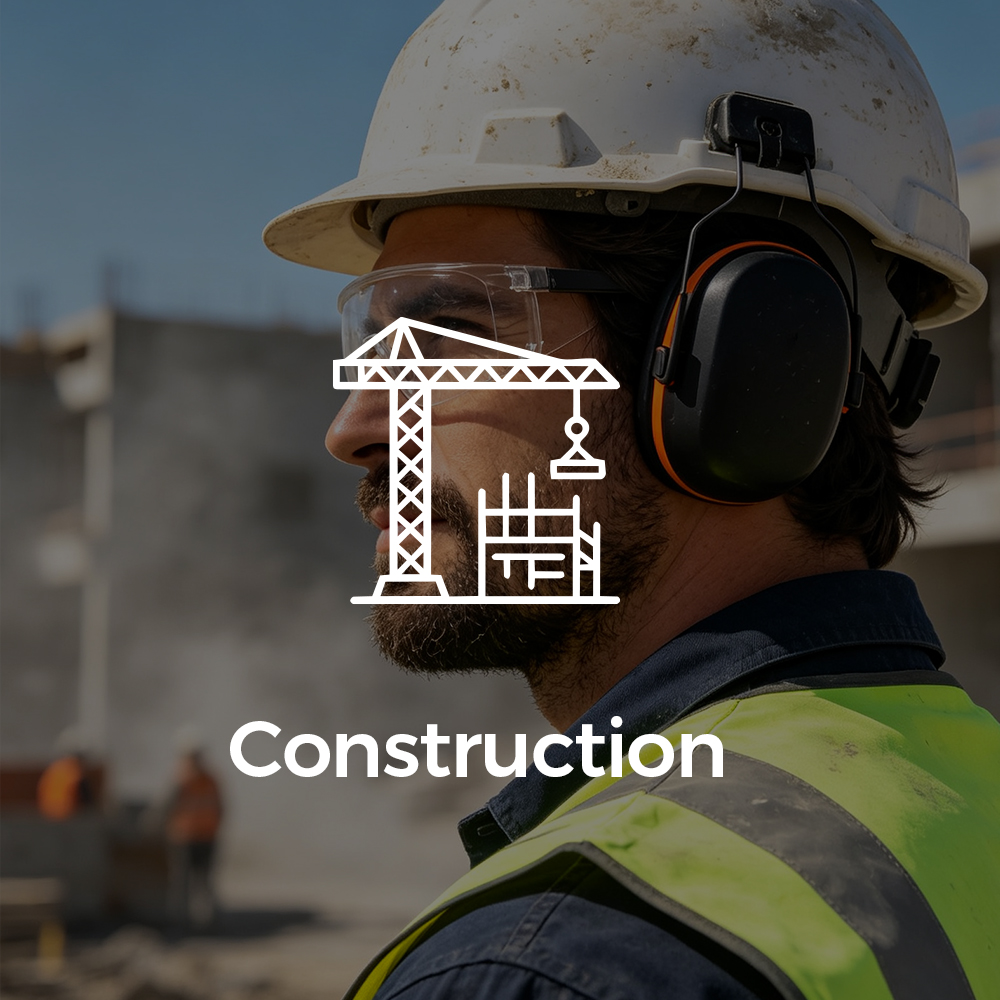 Construction worker wearing Cushentra™ cushioned earmuffs for comfortable hearing protection