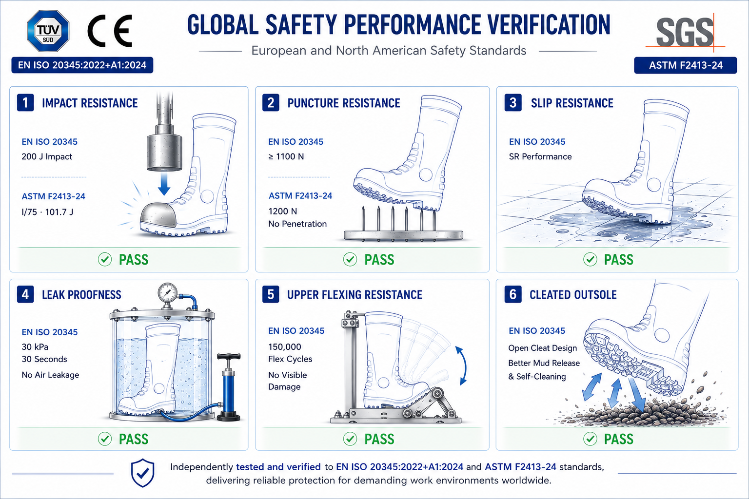 Safety boots tested to EN ISO 20345 and ASTM F2413-24 for impact, puncture and slip resistance
