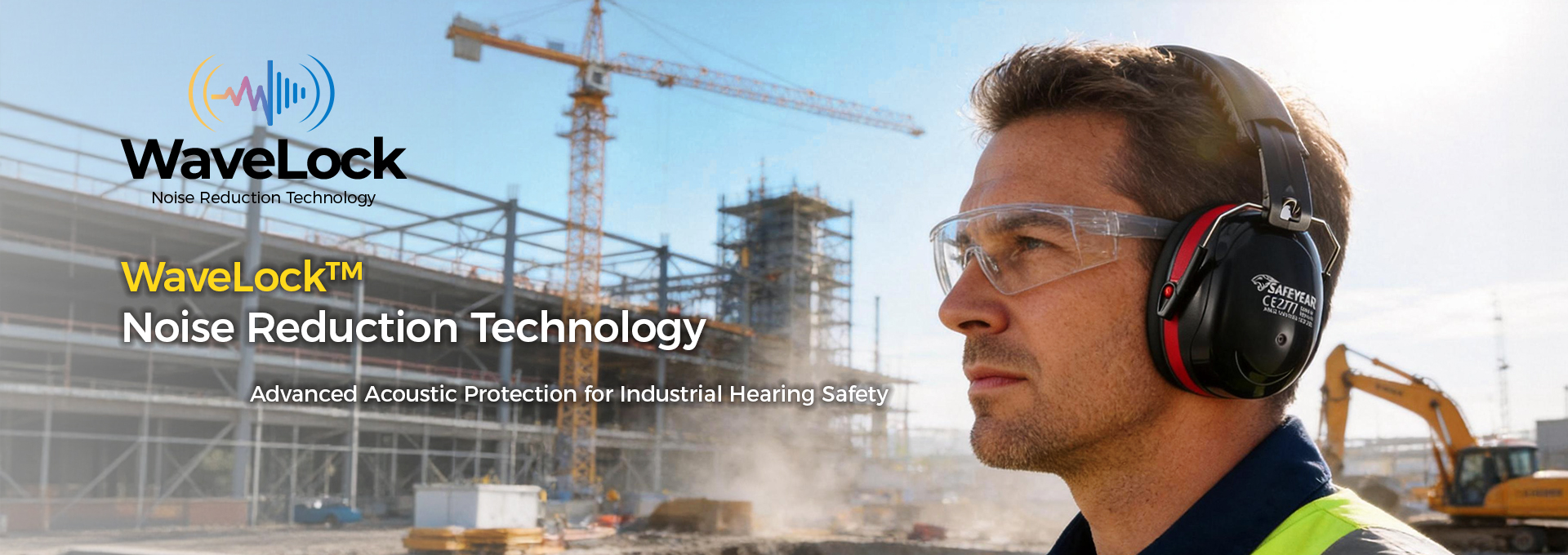 Construction worker wearing WaveLock™ noise-reduction earmuffs for industrial hearing protection at a noisy jobsite