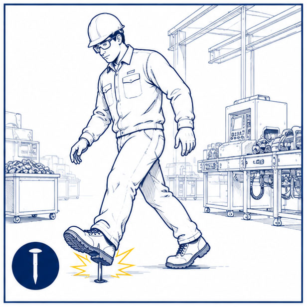 Sharp metal objects and industrial debris creating underfoot puncture hazards for factory workers