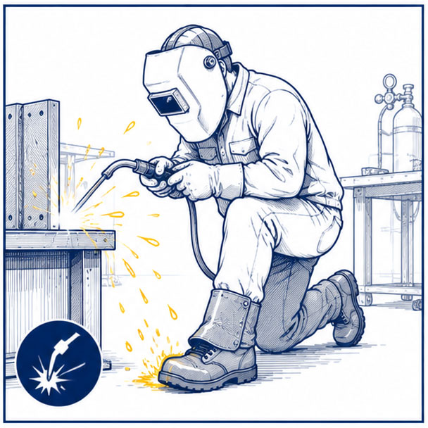 Welding sparks and hot metal splatter hazards affecting workers safety footwear