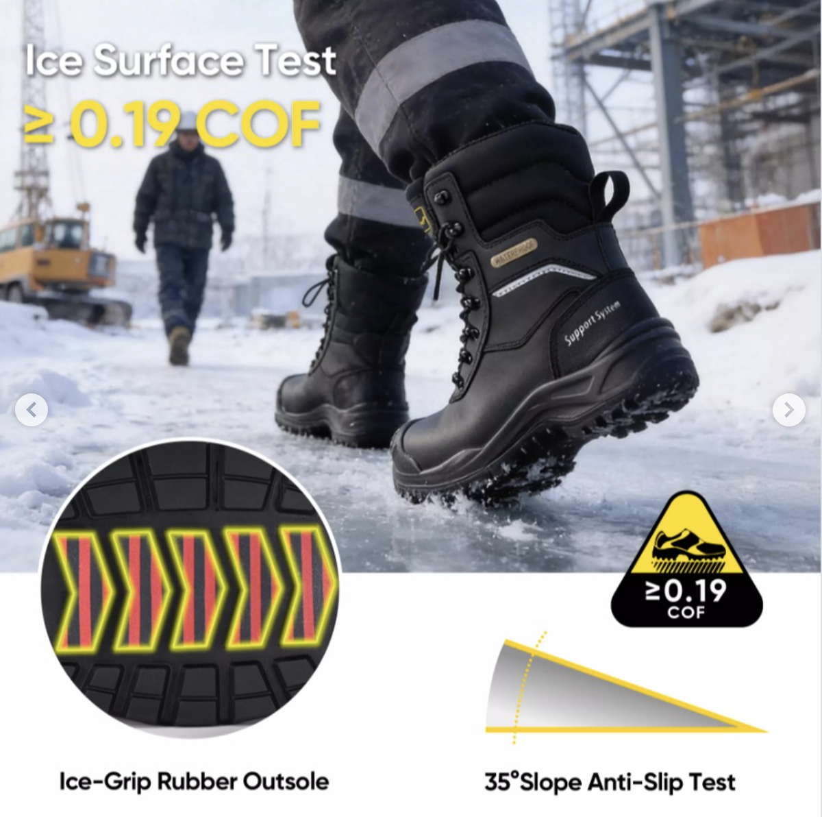 Ice-grip slip-resistant outsole for winter work boots on snow and icy surfaces