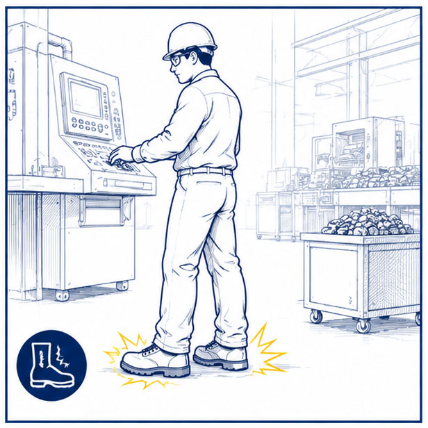 Factory workers requiring comfortable anti-fatigue safety footwear for long manufacturing shifts