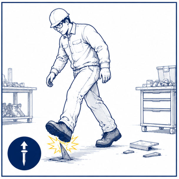 Sharp metal debris and underfoot puncture hazards in welding and fabrication work areas