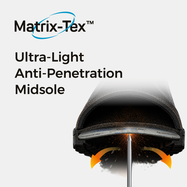 Matrix-Tex™ ultra-light anti-penetration midsole technology for puncture resistant safety footwear