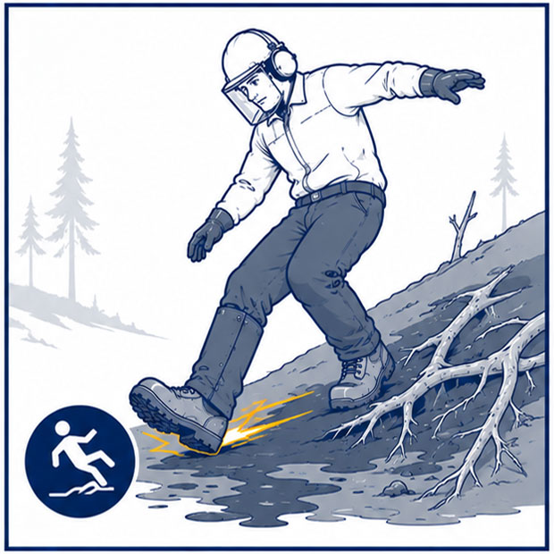Slippery mud and uneven forest terrain increasing slip and fall risks for logging workers