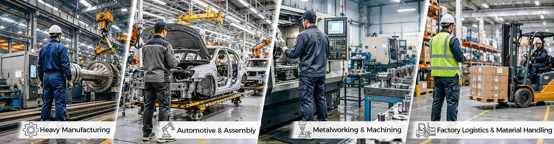 Manufacturing work environments including heavy manufacturing automotive assembly metalworking machining and factory material handling