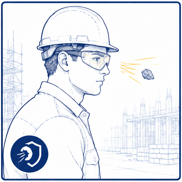 Side impact eye hazards from flying debris during construction work