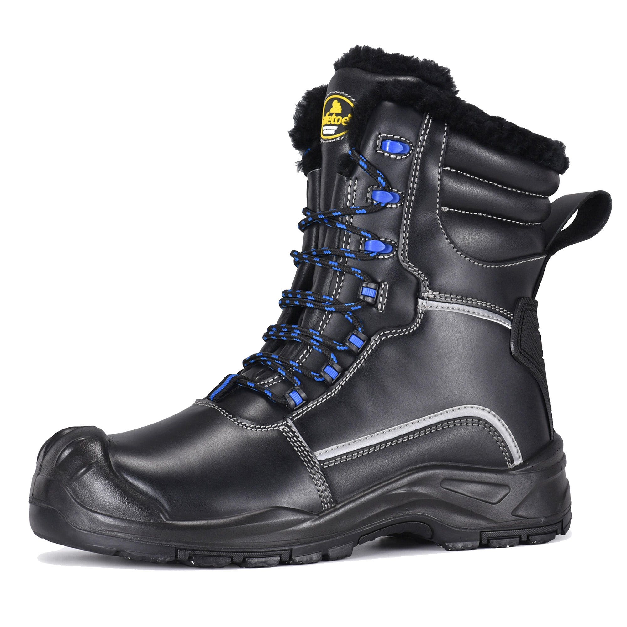Black leather insulated winter safety boot with high-cut design, warm lining and rugged outsole