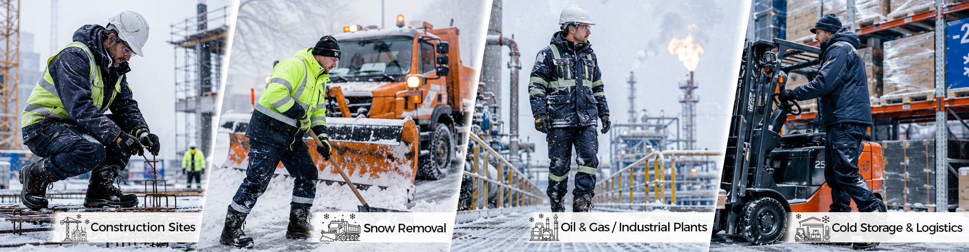 Winter safety footwear for construction sites snow removal oil and gas plants and cold storage logistics
