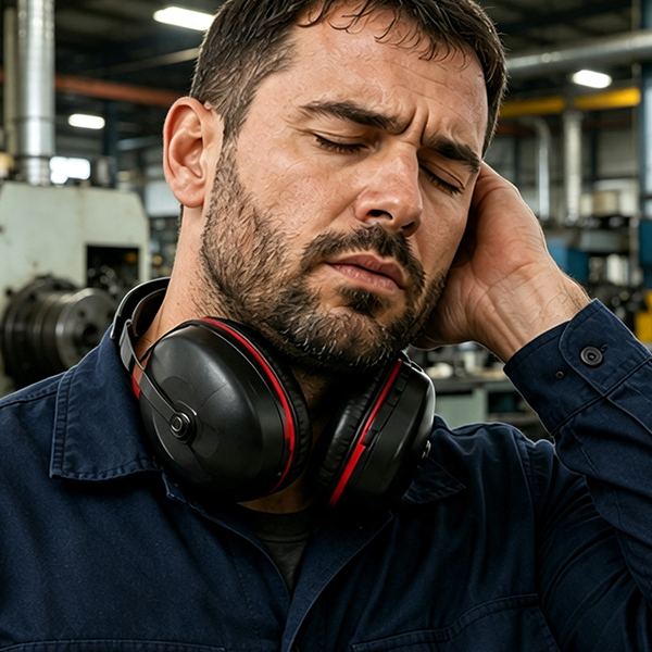 Industrial worker experiencing ear discomfort and fatigue after prolonged earmuff use