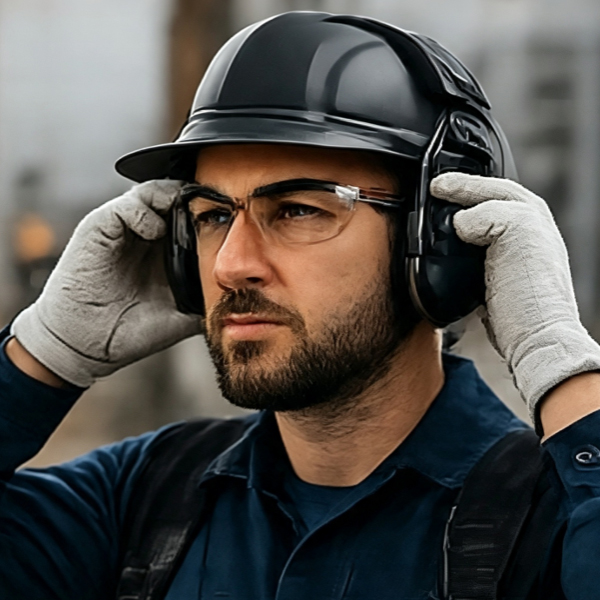 Worker wearing comfortable over-ear hearing protection and safety glasses
