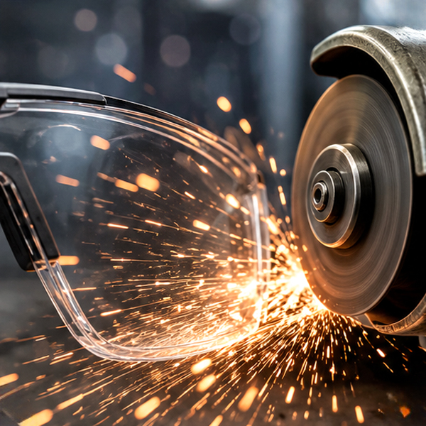 Safety glasses exposed to sparks and abrasive particles during industrial grinding