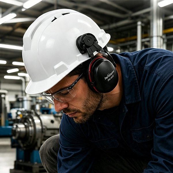 Industrial worker wearing unstable helmet-mounted earmuffs while bending forward